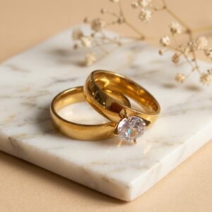 Gold Stainless Steel Wedding & Engagement Ring Set