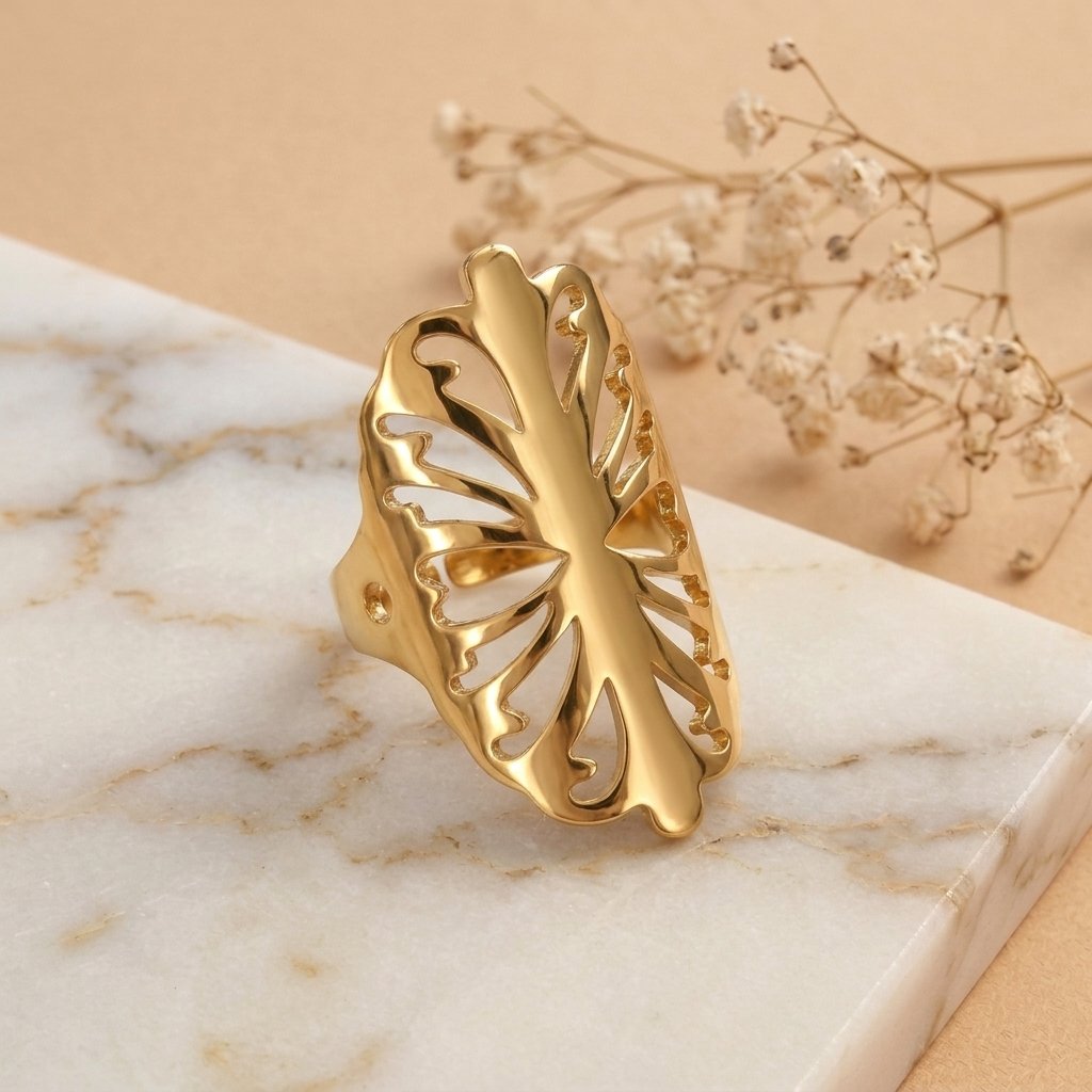Adjustable Filigree Leaf Stainless Steel Ring - Image 2